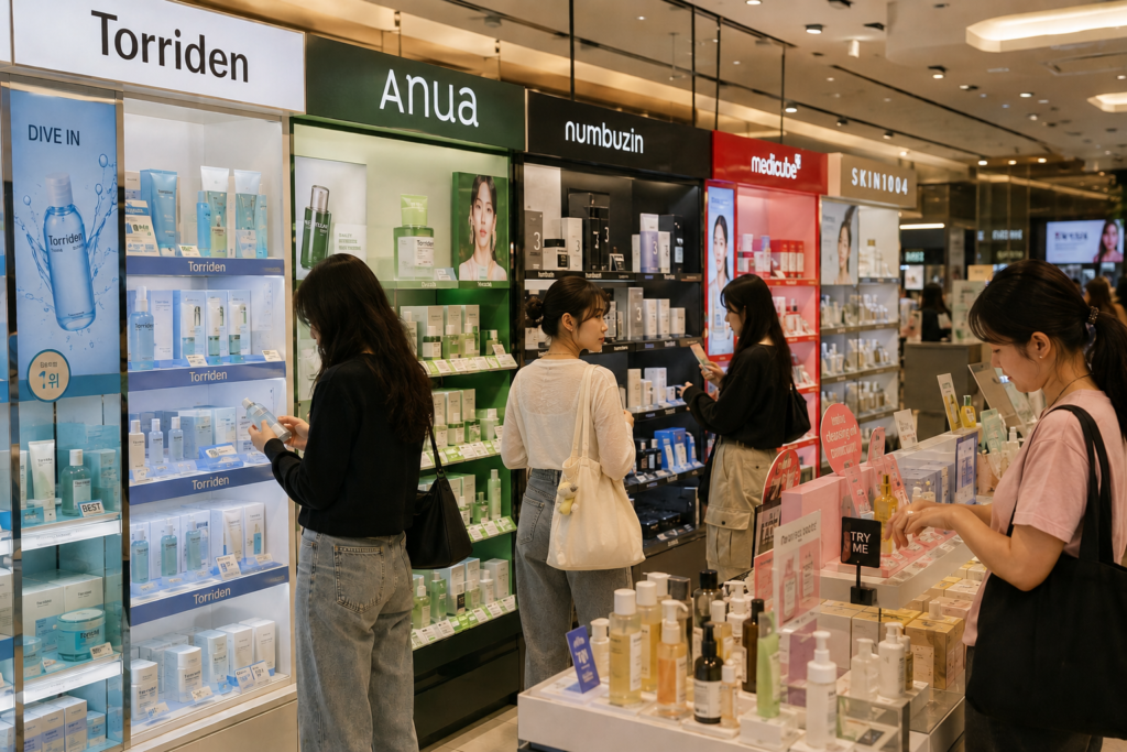 Inside Olive Young Korea showing K-Beauty brand sections and product testers