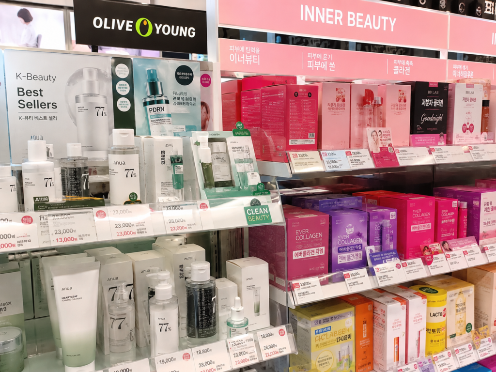 Korean inner beauty collagen drinks and wellness snacks at Olive Young Korea