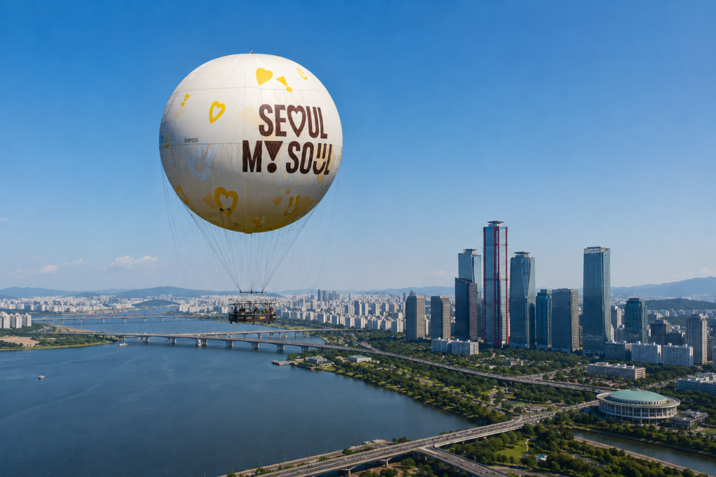 Hot air balloon ride over Yeouido Seoul with Han River and city skyline views