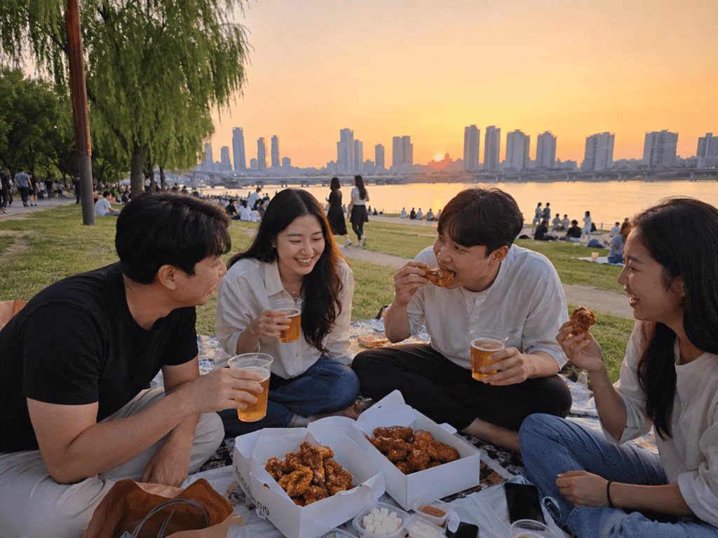 Friends enjoying chimaek Korean fried chicken and beer at Han River Seoul at sunset