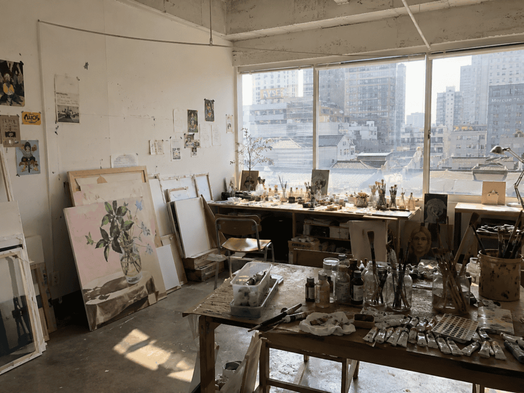 Hongik University fine arts studio in Hongdae Seoul with canvases and painting supplies