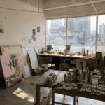 Hongik University fine arts studio in Hongdae Seoul with canvases and painting supplies