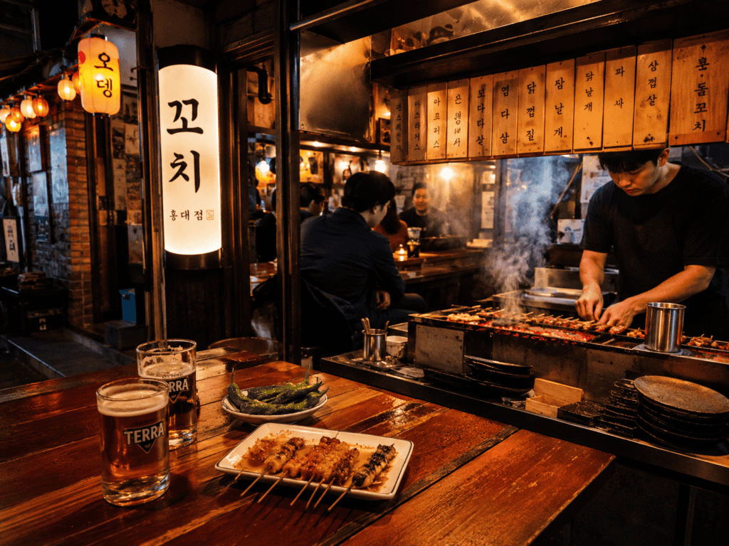 Korean izakaya in Hongdae alley at night with grilled skewers and beer