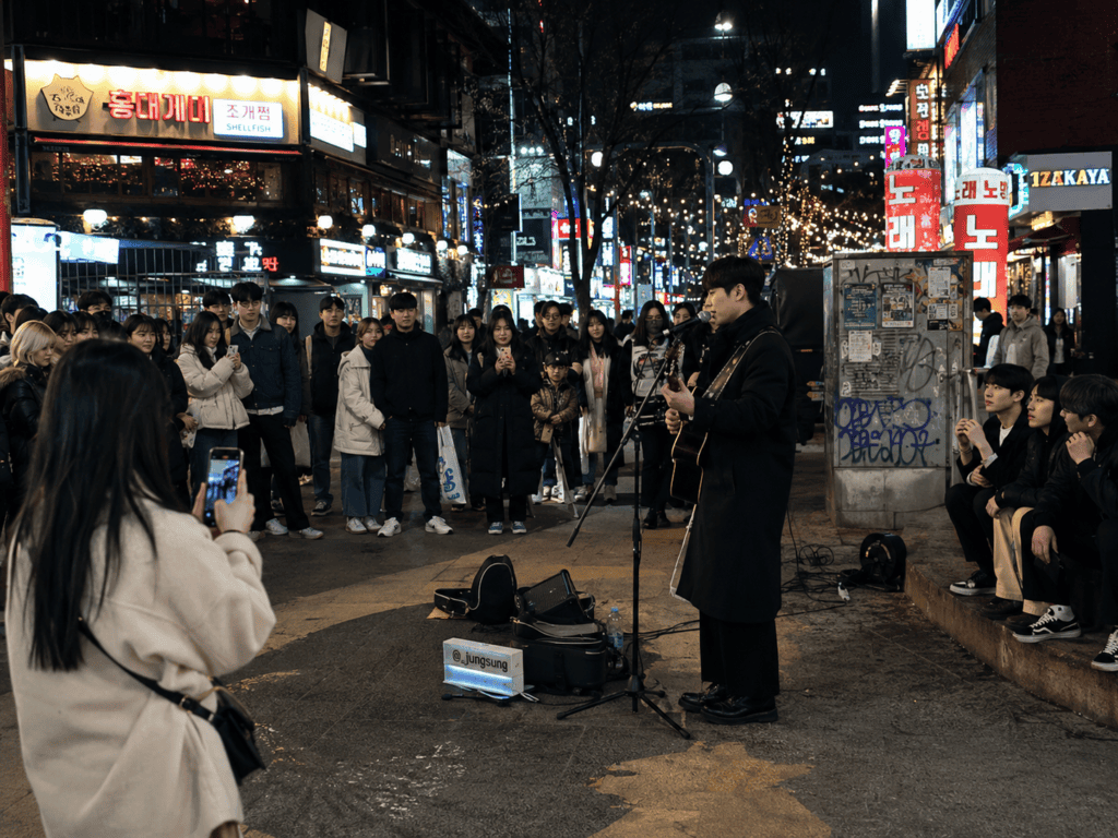 Hongdae walking street nightlife busking performance Seoul at night