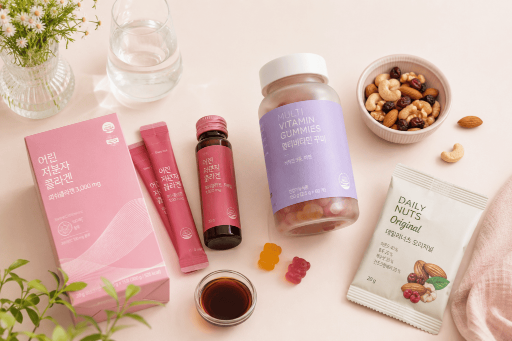 Korean inner beauty supplements and snacks available at Olive Young Korea