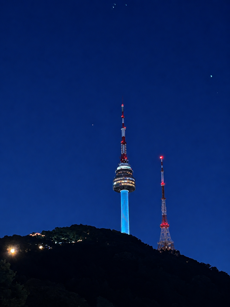 N Seoul Tower at night for a first-time Seoul travel guide