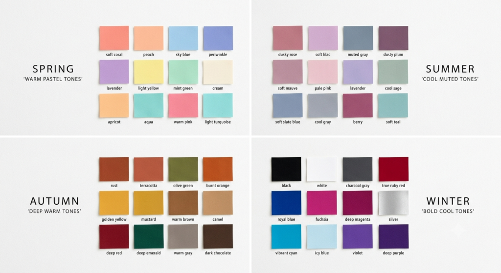Four seasonal personal color palettes spring summer autumn winter warm and cool tones Korea