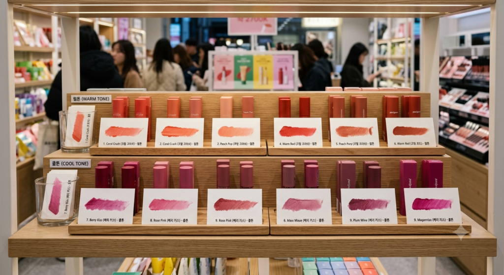 Korean beauty store lipstick swatches organized by warm tone and cool tone for personal color shopping