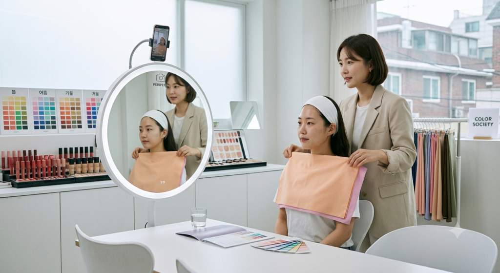 Personal color analysis session in Seoul Korea with fabric drapes and consultant evaluating skin tone