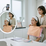 Personal color analysis session in Seoul Korea with fabric drapes and consultant evaluating skin tone